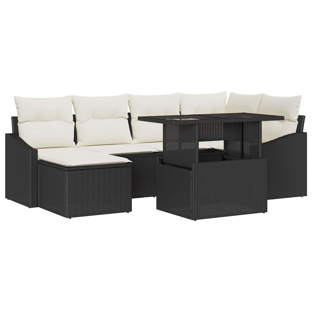 Garten-Sofa-Set mit Kissen mit Speicher 7 pcs Schwarz und Creme